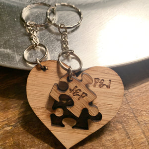 Personalised Heart and Jigsaw Piece Keyrings Set of 2