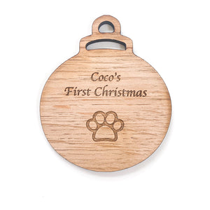Personalised Pet First Christmas Bauble with Paw Engraved