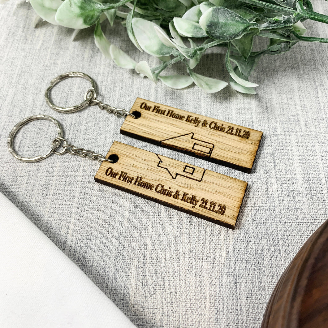 Personalised Home Keyrings With Names and Dates (Set of 2)