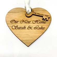 Load image into Gallery viewer, Our New Home/Our First Home Wooden Heart and Wooden Key with Satin Ribbon Engraved With Names and Dates
