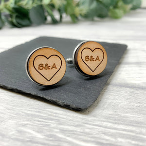 Personalised Heart Wooden Cufflinks Engraved with Initials