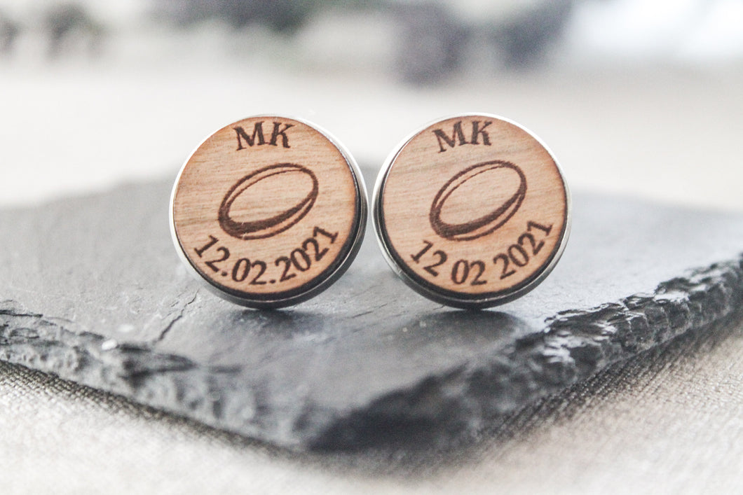 Rugby Ball and Date Personalised Wooden Cufflinks Engraved with Initials/Valentines Gift/Birthday Present/Father's Day
