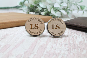 Personalised Wooden Cufflinks Initials and Date in Roman Numerals